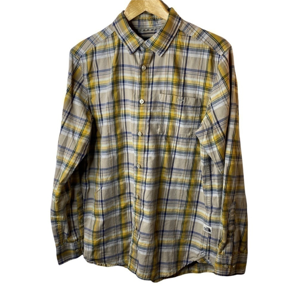 The North Face Yellow/Blue Plaid Long Sleeve Button Down Shirt Sz L